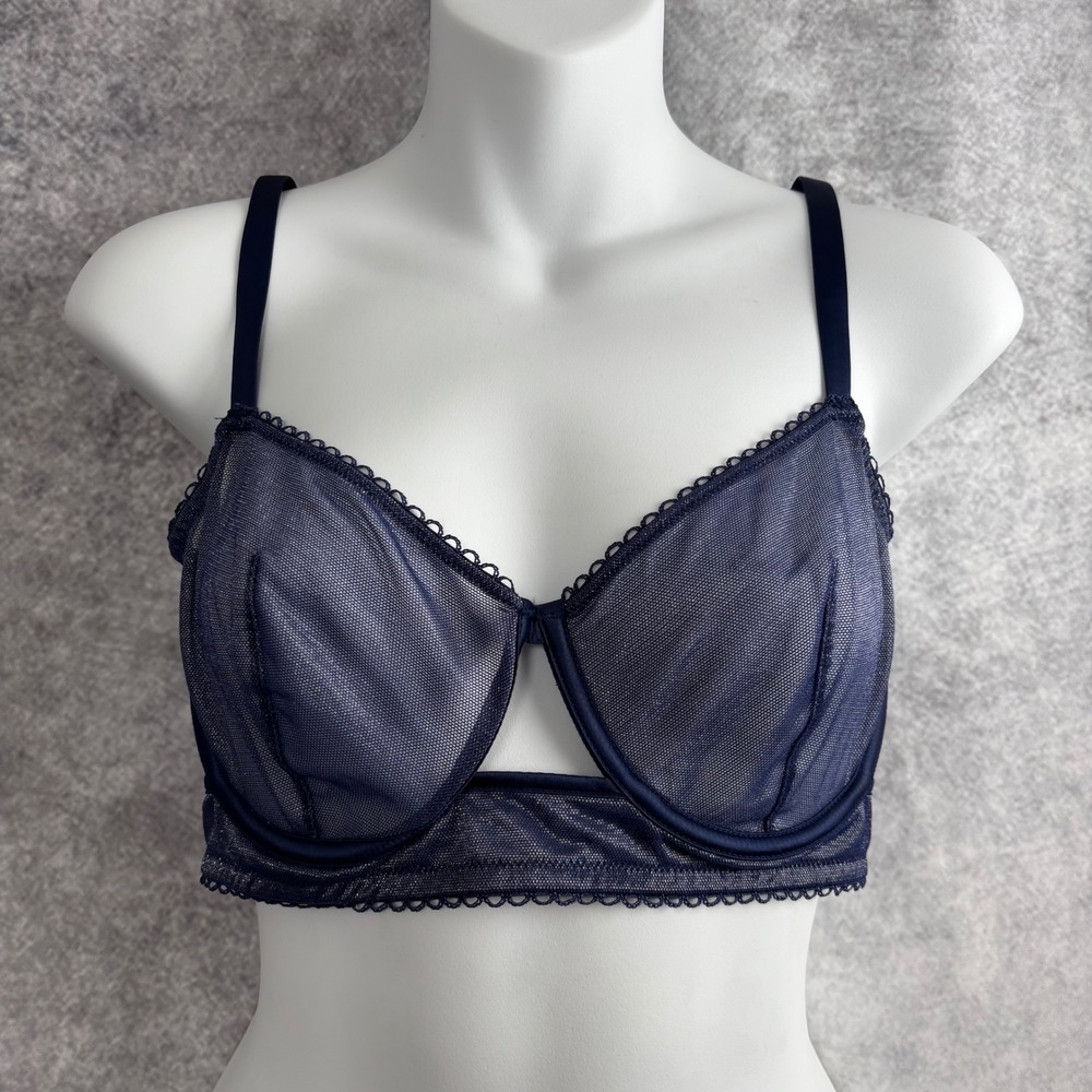 Victoria's Secret Navy Blue Shimmer Sheer Mesh‎ Unlined Balconet Bra 34DD NWOT